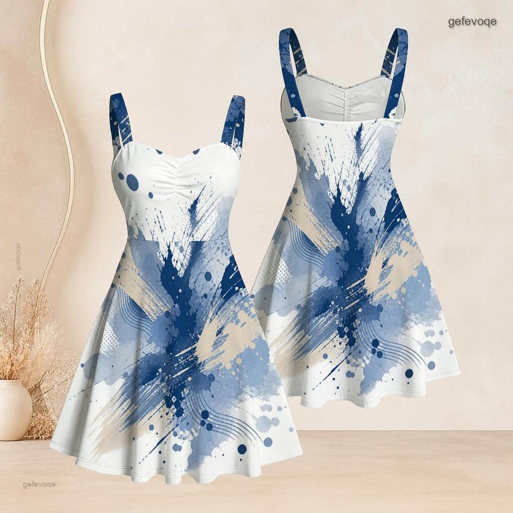 Women Plus Size Sweetheart Neck Strappy Off Shoulder Sleeveless Dress Abstract Printed Blue Beige Flared Hem