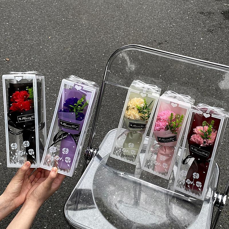 Artificial Carnation Floral Gift Box - Delicate Flower Arrangement In The Clear Plastic Box with Ribbon Decoration