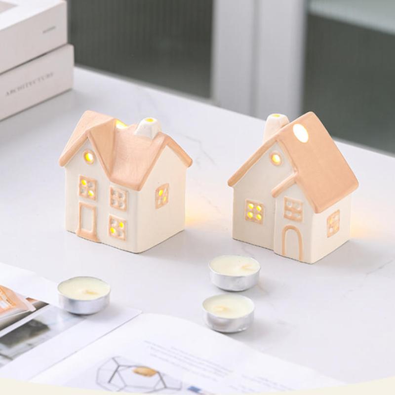 Painted Ceramic House Candle Holders Tabletop Christmas Or Everyday Home Decor Warm Glow Detailed Ornament(Without Candle)