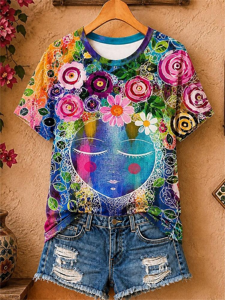 Women's Simple and Versatile Casual Short-Sleeve Floral Print Round-Neck Elegant T-Shirt Stylish Loose-Fitting Women's Top