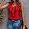 Yousheng Women Vest Solid Color V-Neck Ruffle Trim Sleeveless Blouse Loose Fit Summer Pullover Tops Daily Wear