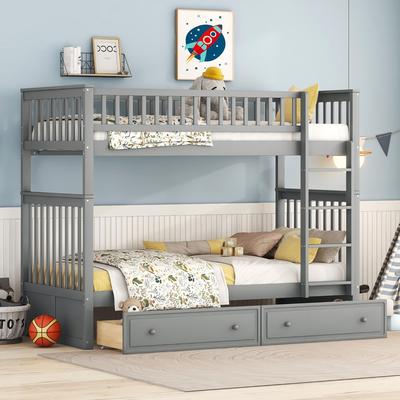 Bunk Bed for Children 90x200cm, Children's Bed Loft Bed with Fall Protection & Drawers, Convertible Single Bed Bed Frame with Ladder & Slatted Frame