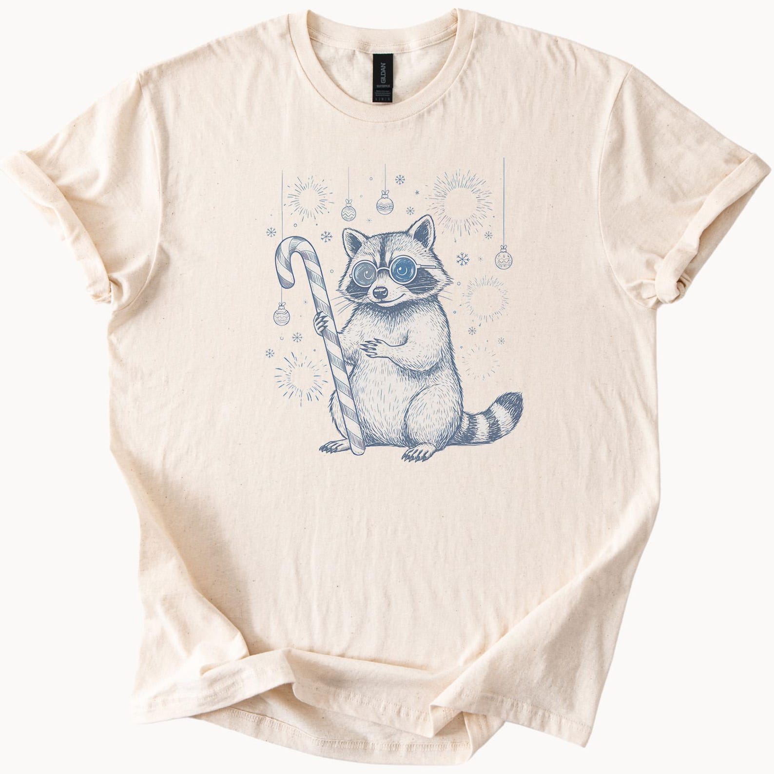 Raccoon Holding Candy Cane Christmas Graphic Shirt Cute Animal Tee 100