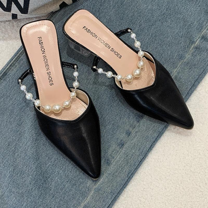 Fashion Women's Fashion Baotou Sandals Summer New Pointed Head Shallow Mouth Bead A Slip-on Wear Resistant Square Slippers With