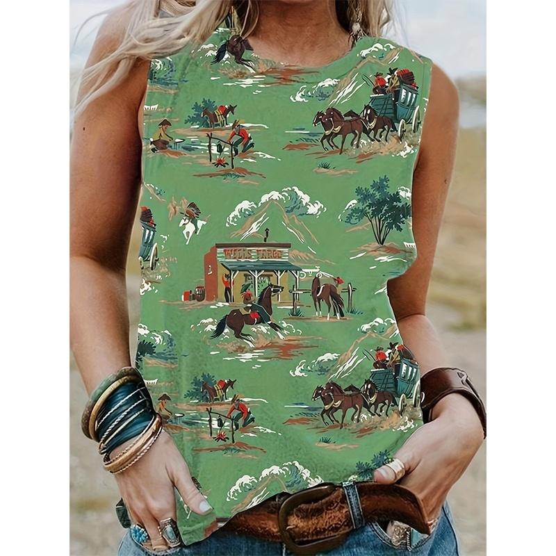 Lady Western-style printed short-sleeved T-shirt, Western style, sleeveless round-neck women's T-shirt