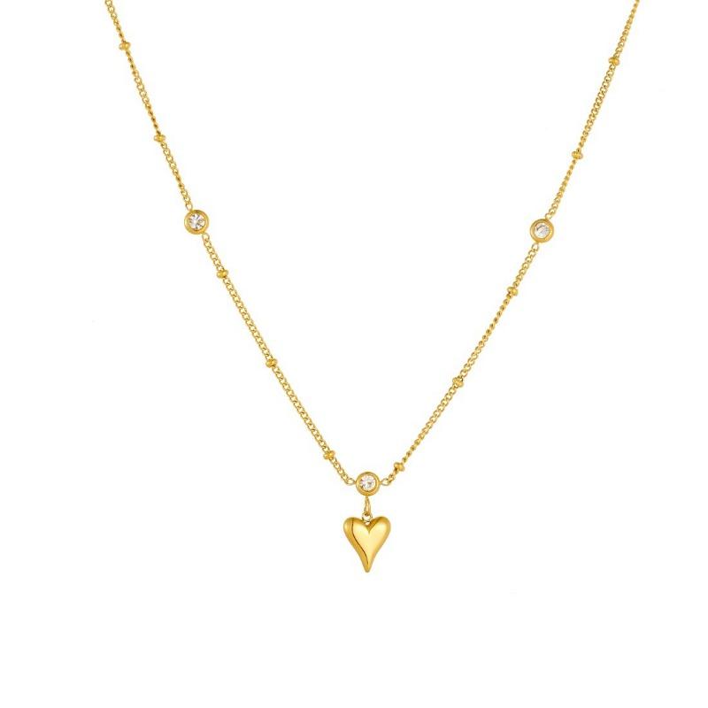 Gold Beaded Chain Necklace with Puffed Heart Pendant and Crystal Accents