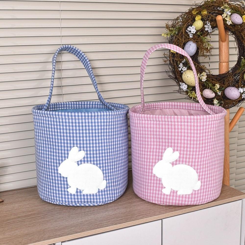 Embroidery Easter Rabbit Basket Plaid Easter Gift Basket Reusable Toys Storage Bag Nursery Storage