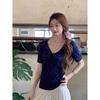 Peach Squeak Korean Pure Desire V-Neck Versatile T-Shirt Design Sense Waist Skinny Temperament Versatile Top Simple Short Sleeve Women