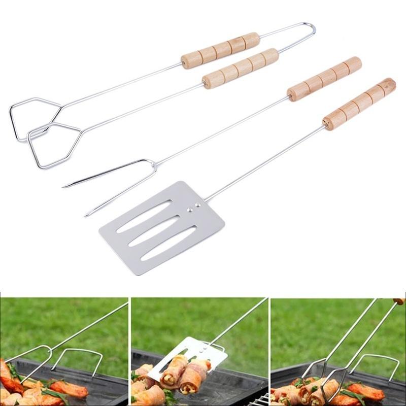3-teiliges Grillwerkzeug-Set, Spatel, Gabel, Zange mit langen Griffen, Grillwerkzeug