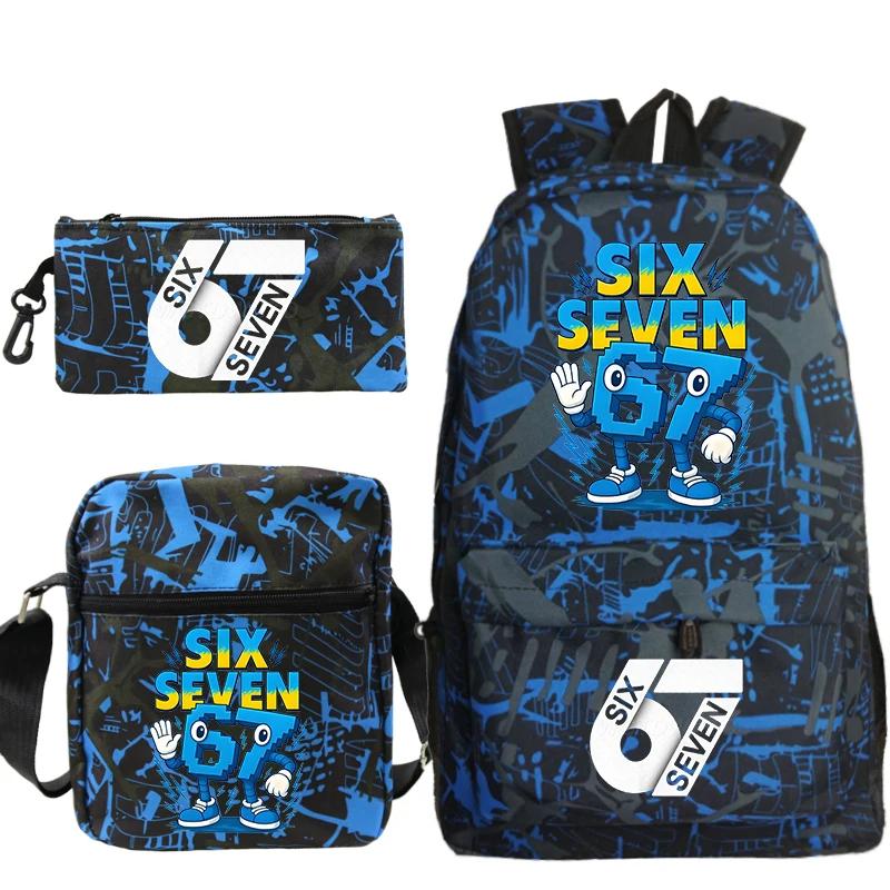 3 Stück 67 Sechs Sieben Bedrucktes Rucksack Federmäppchen Umhängetaschen Set Mode Große Kapazität Schultasche für Jungen Mädchen Kinder Rucksack