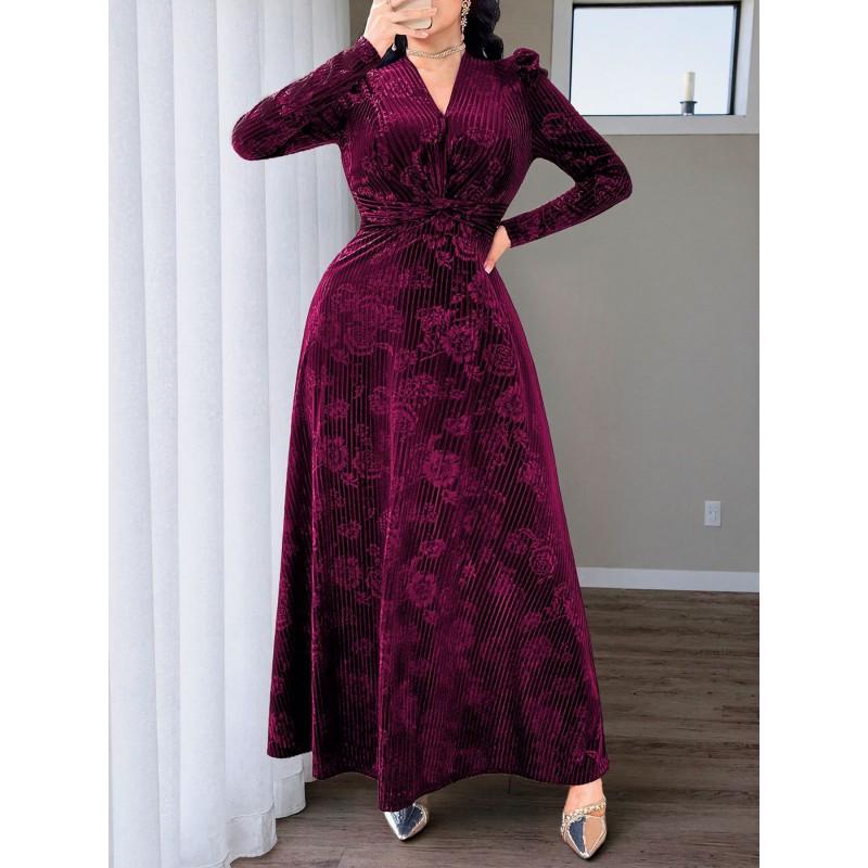 Elegant Plus Size Velvet Dress With Vertical Rose Print V-Neck Long Sleeve A-Line Floor Length Formal Gown