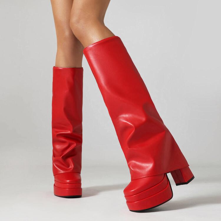 Fashion IPPEUM Orange Boots Platform Knee High Block Heel Shoes Y2k Plataforma Botas Bratz Mujer Hot Pink Fold Over Boots Women