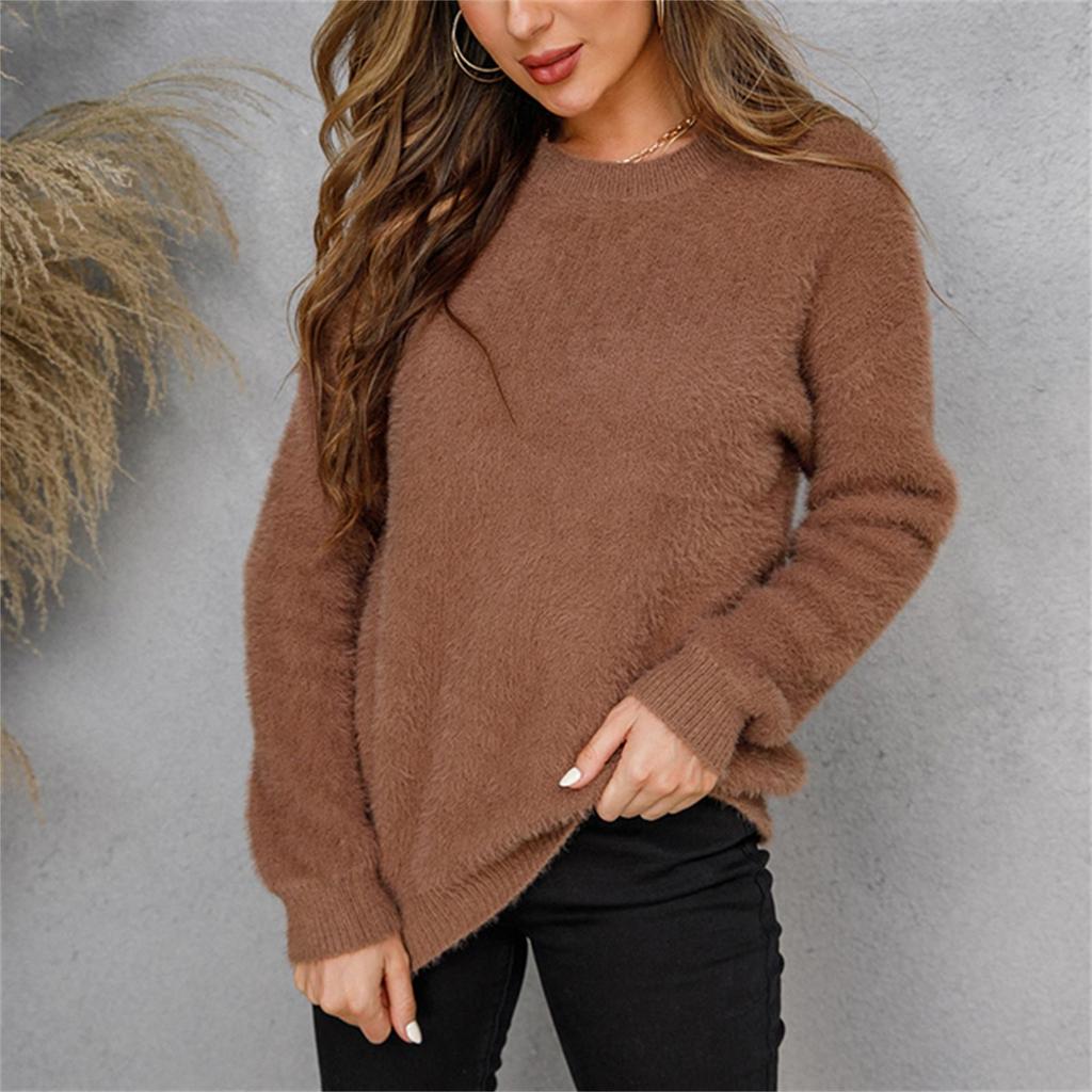 Ladies Winter Solid Color Plush Pullover Long Sleeve Sweater Casual Shirt Tops