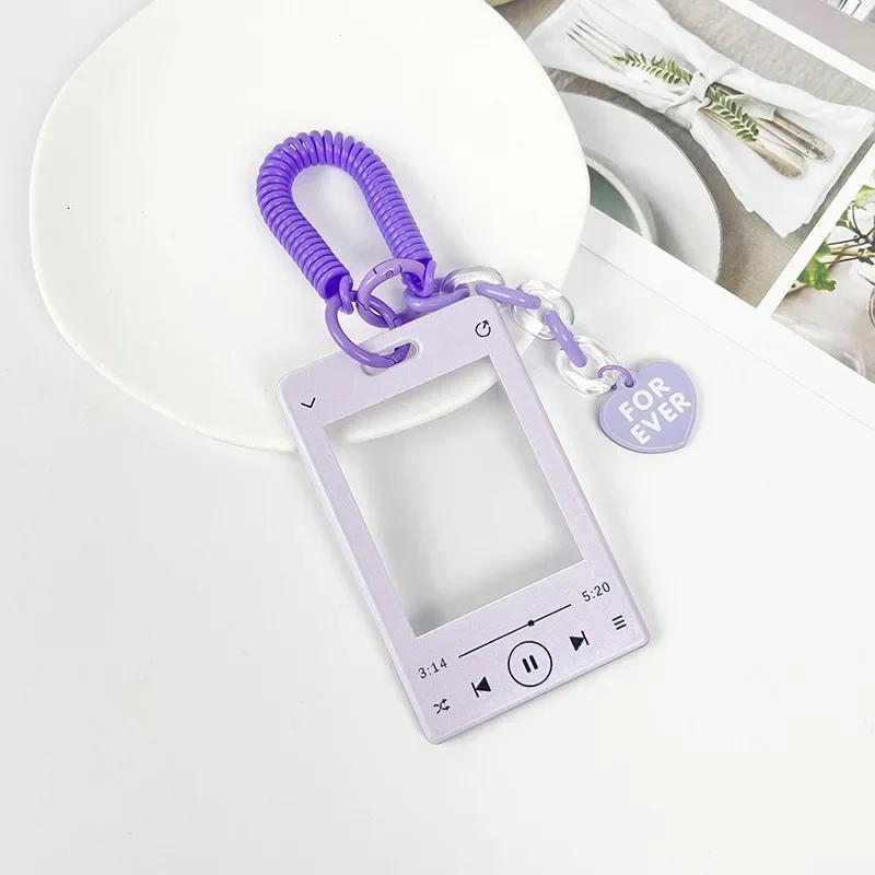 Music Player ID Card Holder with Spring Rope Heart Charm for Women Girls Kid Colorful Bus Subway Credit Card Protector Shell