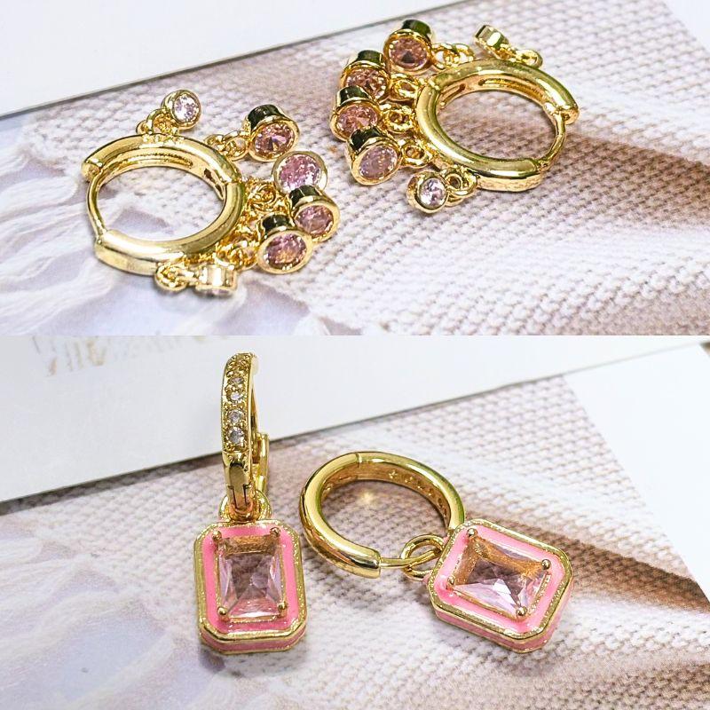 Luxurious Geometry 925 Silver Ear Needle Pink Series Zircon Pendant Hoop Earrings Sweet Fashion Wedding Jewelry Gifts