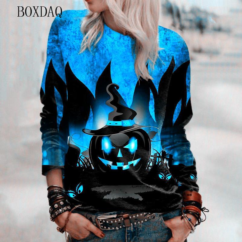 Horror Pumpkin Pattern Women Halloween T-Shirts Autumn Winter Long Sleeve 3d Print Street Ladies Tees 6XL Plus Size Casual Tops