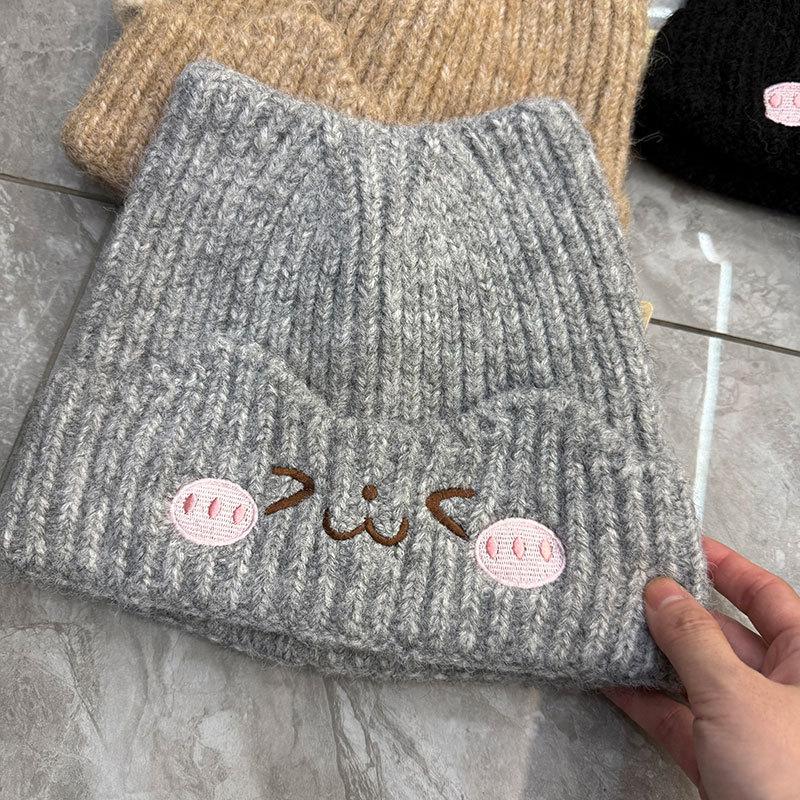 Cute cat ears embroidered wool hat female autumn and winter warm big head circumference showing small face cold-proof knitted hat cold hat