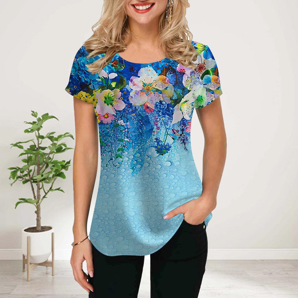 Women Summer T Shirt Blue Hollow Flower Print Short Sleeve Tees Casual Printed Tops