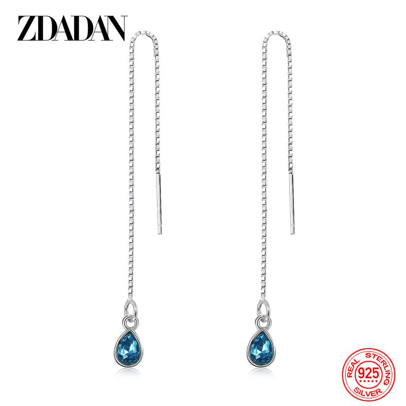 

925 Sterling Silver Blue Crystal Long Chain Dangle Earrings for Women Wedding Jewelry синий