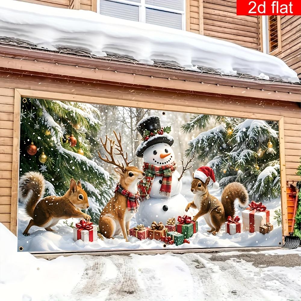 2D flat banner, 1 Christmas garage door flag, festive home decor, seasonal hanging, snowy themed mural, holiday shopper