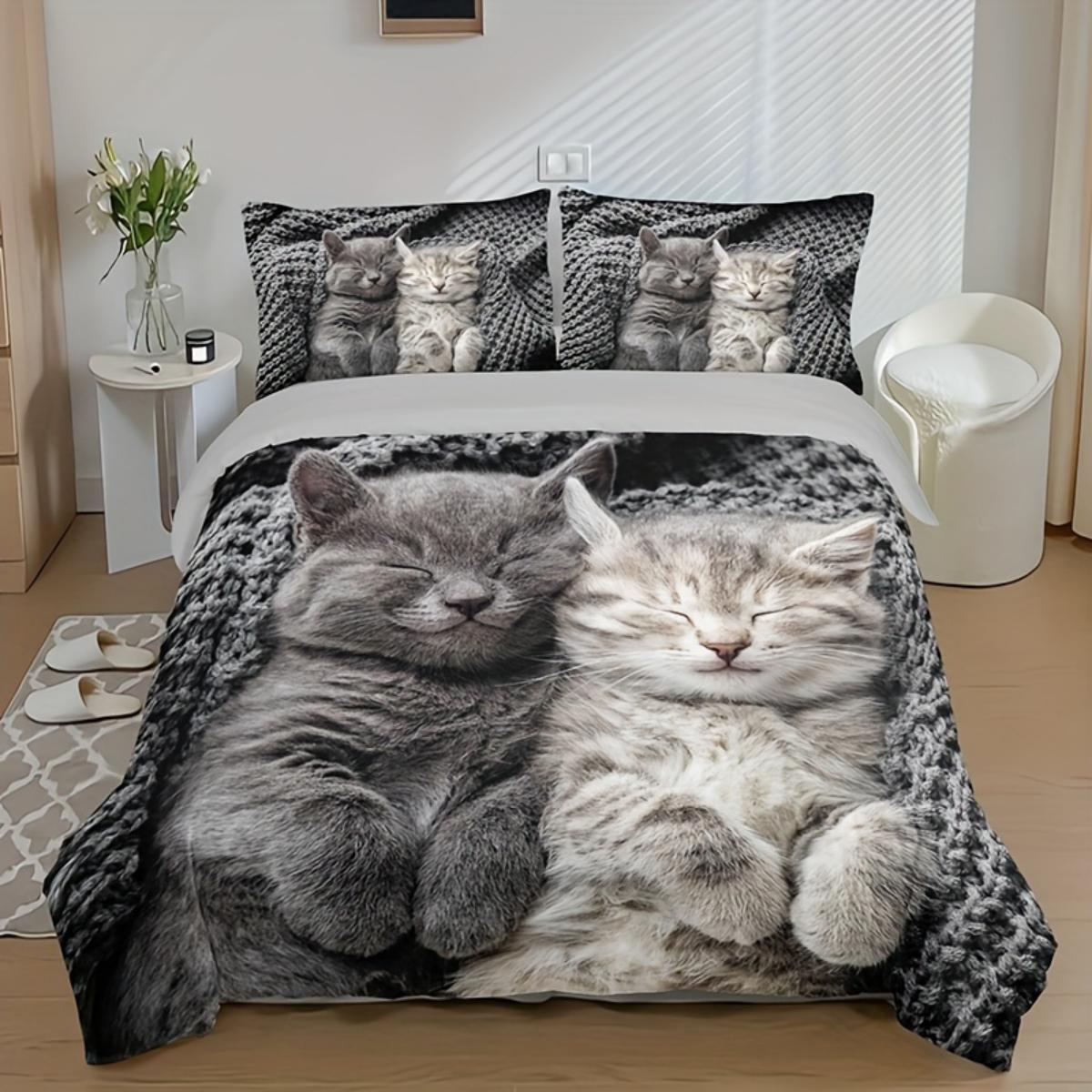 

Cute Sleeping Cat Couple Bedding Set 3D Print Duvet Cover Pillowcase Breathable Wrinkle-Free For Kids Bedroom Decor AU Double(180x210cm)