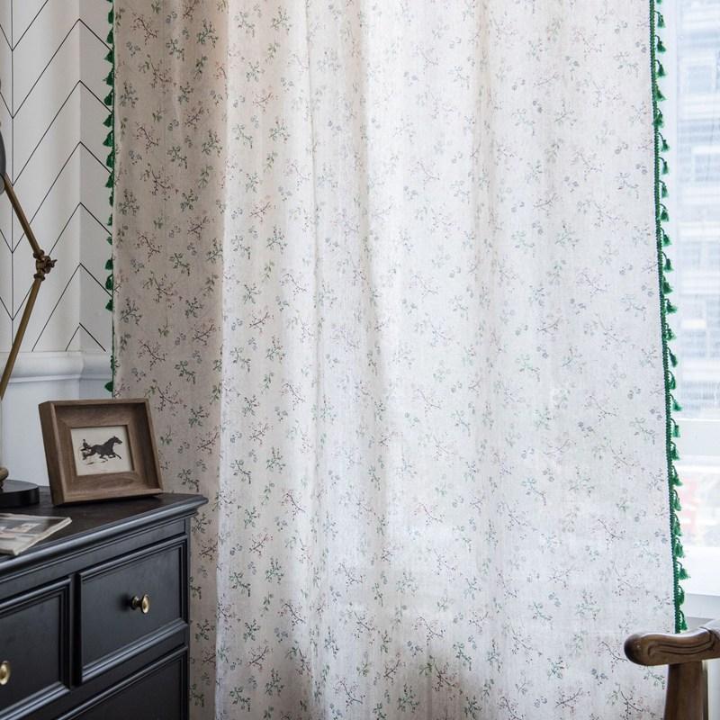 American Style Cotton Linen Small Floral Printing Green Tassel Window Curtain Semi-shading Drapes Living Room Bedroom Kitchen