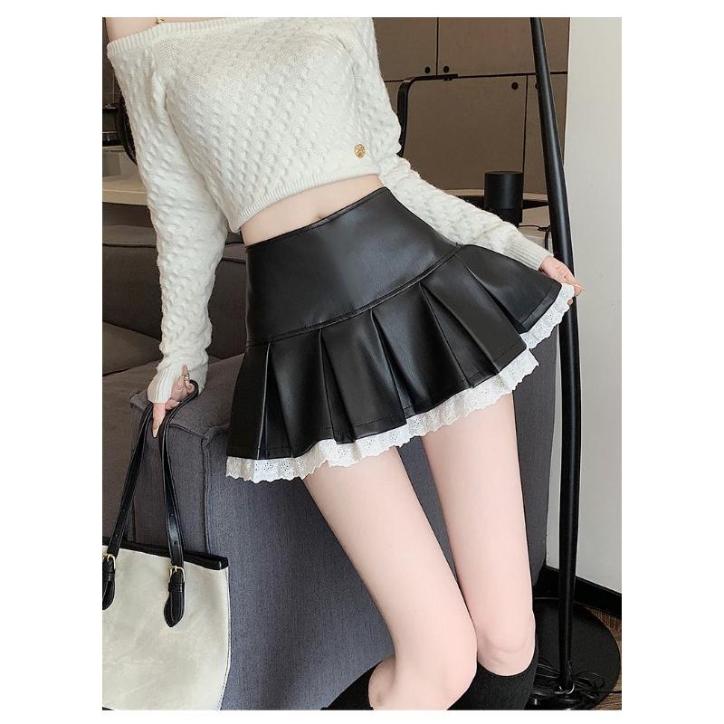 Women High Waist Pleated Mini Skirt Lace Trim Solid Color Casual Fashion Short Skirt