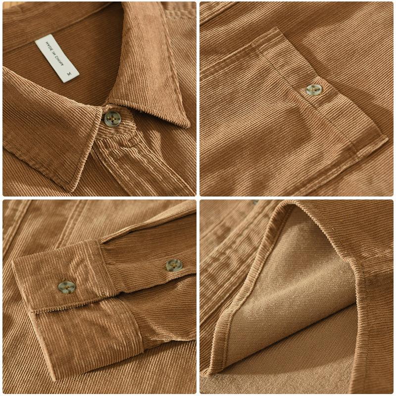 Spring Fall Shirts for Men Japanese Retro Style Corduroy Long Sleeve Men's Casual Shirt Daily Thin Coat Lapel Pocket 100 Cotton Button Shirt