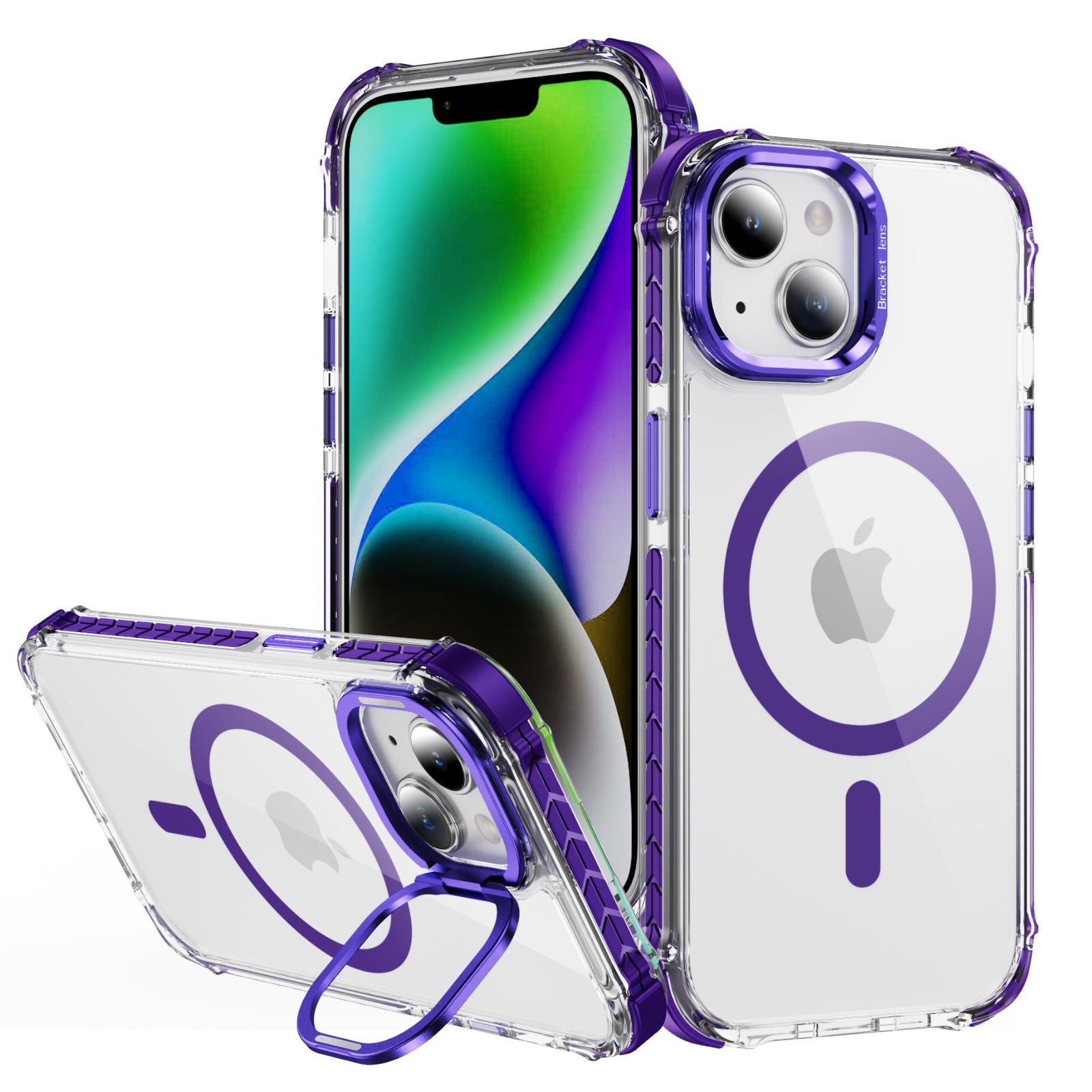 

For iPhone 15 Clear Phone Case with Lens Kickstand Cover Compatible with MagSafe Purple