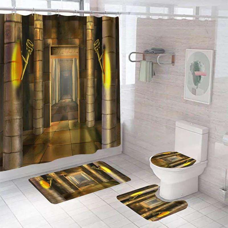 Forest Bathroom Shower Curtain Set Waterproof Bath Curtain Sets Toilet Cover Non-Slip Mat Rug Carpet Set Home Decor Accessories