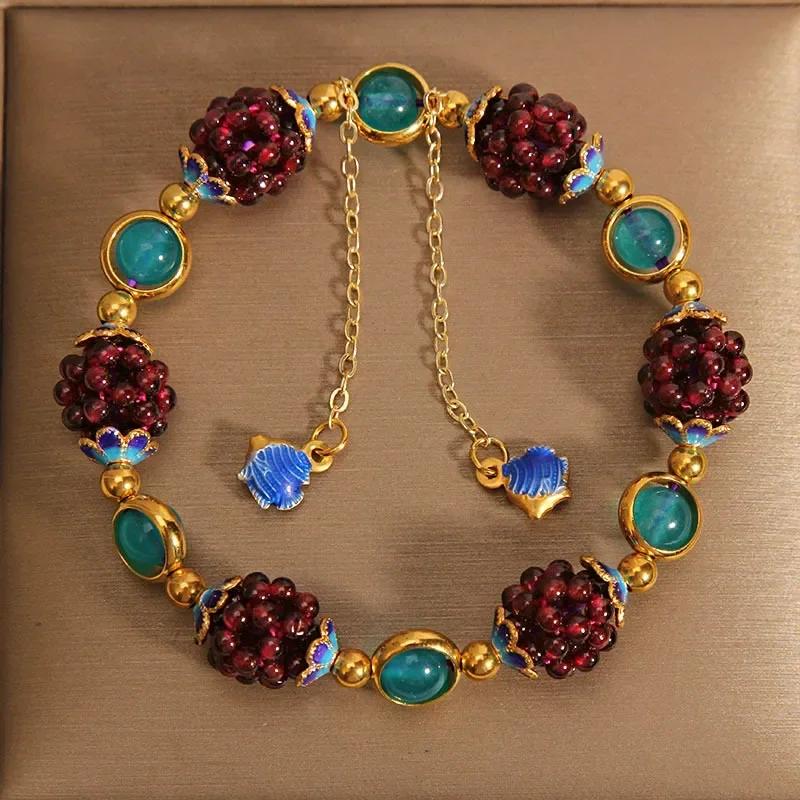 3mm Natural Garnet Flower Ball Crystal Bracelets Fashion Women Woven Transfer  Cloisonné Tassel Bangles Party Jewelry