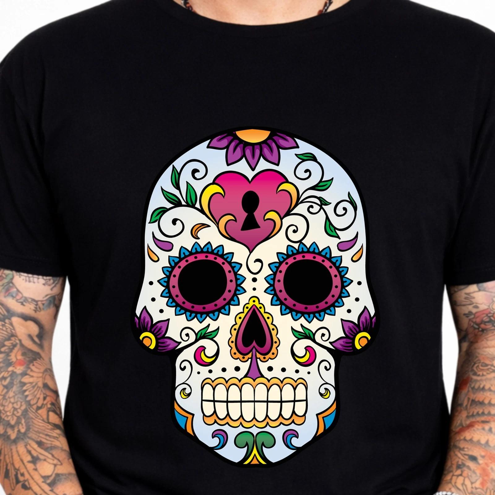 Sugar Skull Heart T-Shirt Day of the Dead Lock Floral Gothic Skull Gift Tee Top M