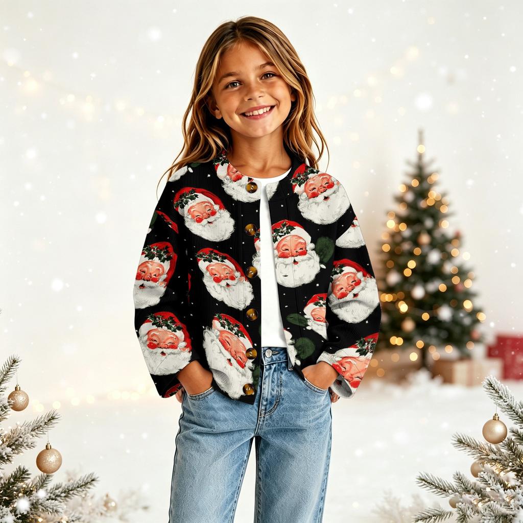 Cardigan Natalizio con Bottoni e Stampa Natalizia per Bambina, per Outfit Festivi e Uso Quotidiano