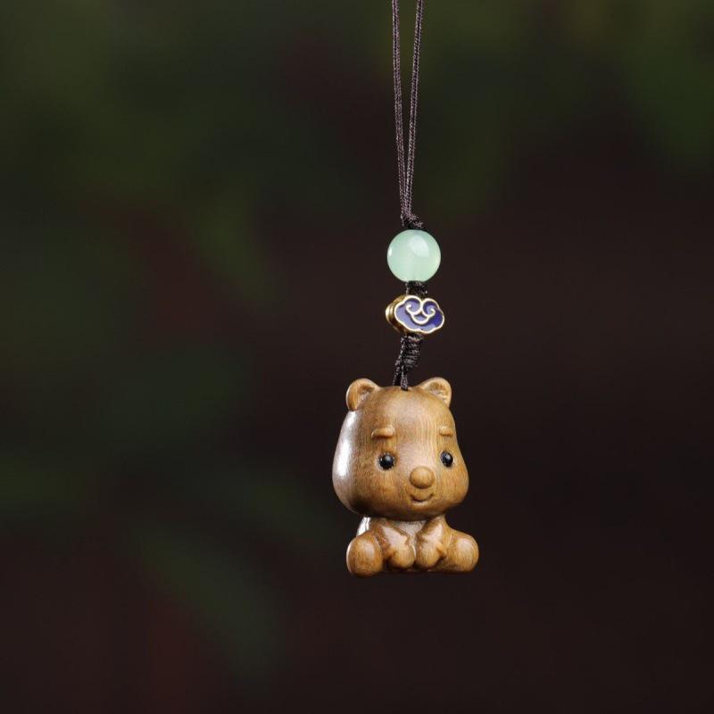 Green Sandalwood Carved Cartoon Zodiac Phone Lanyard Keychain Pendant