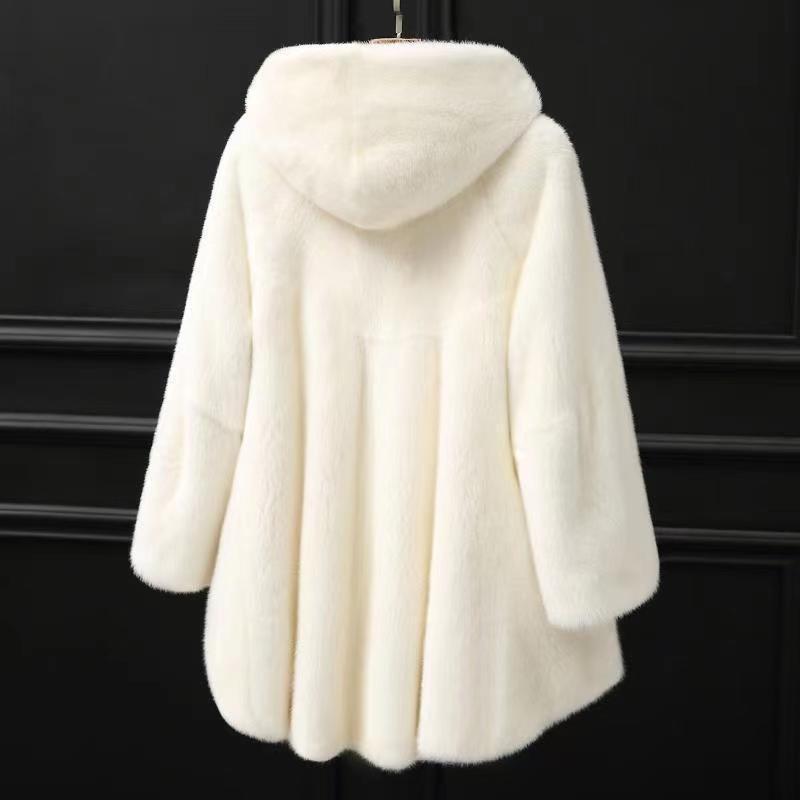 Womens Faux Fur Coat With Hood Mid-Length Winter Outerwear Black Beige White Classic Elegant Style