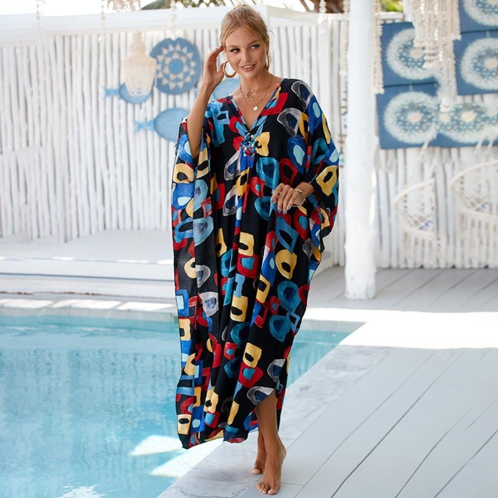 Lässige Boho Bikini Cover-ups Blattdruck Übergroßes Strand-Cover-Up Offene Vorderseite Langes Kleid Strandmode Für Damen