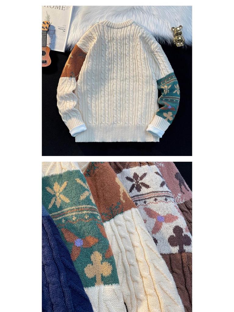 Men's Retro Patchwork Loose Knit Sweater - Winter Base Layer Outerwear