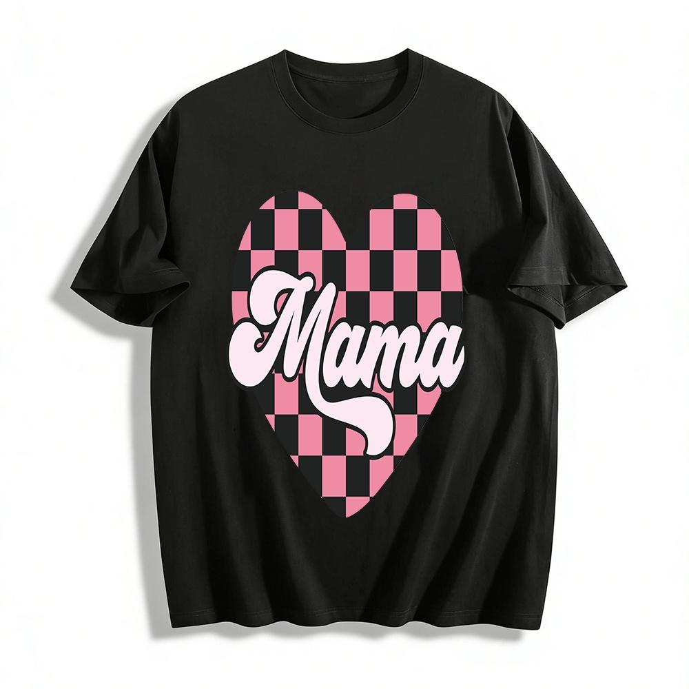 Vintage Checkerboard Heart Mama Print Casual Crewneck Tee Pure cotton T-shirt XXS