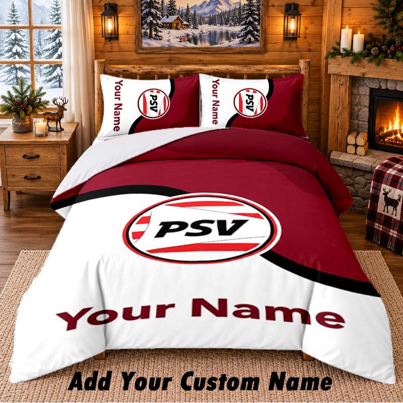 PSV Eindhoven FC Pattern Bedding 3Pcs Set Custom Name, Bed Sheet And Pillowcases For Home Bedroom