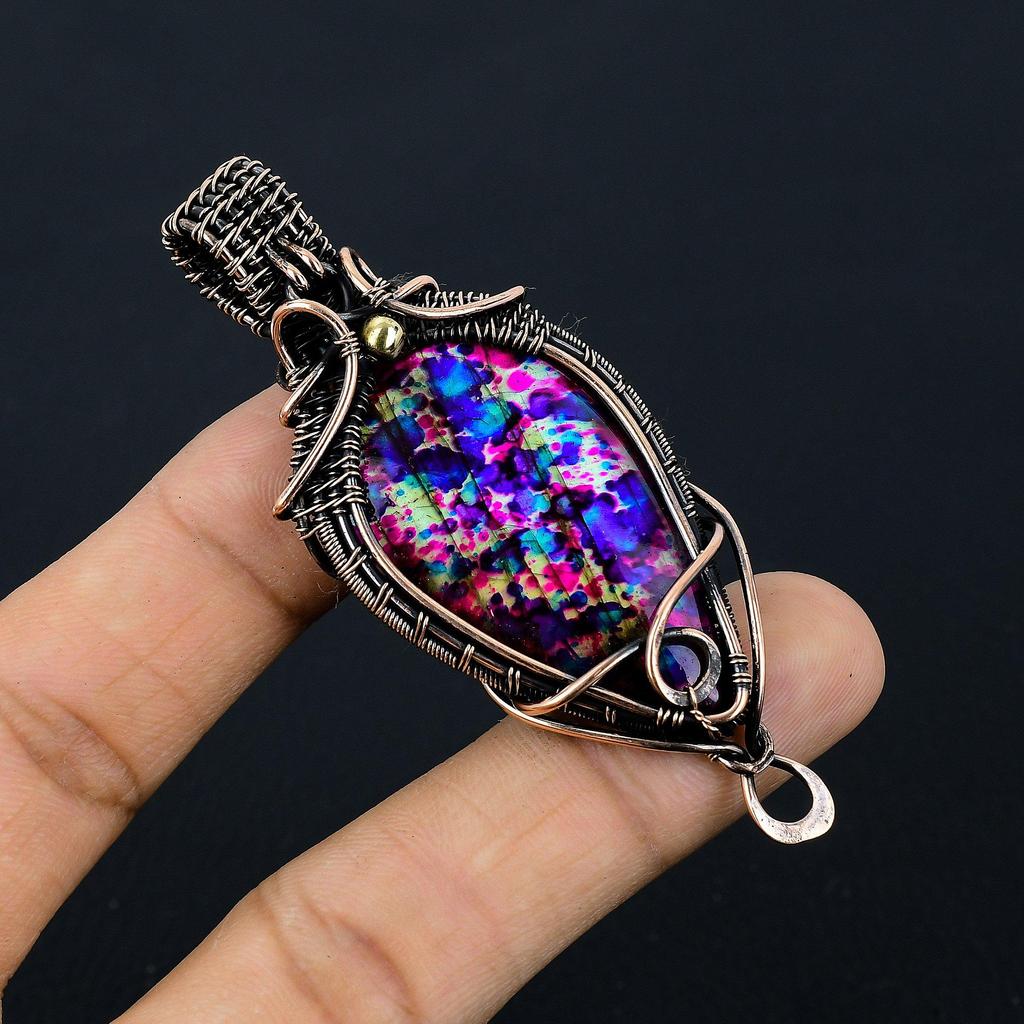 Multi Fire Labradorite Pendant Gemstone Jewelry, 999 Copper Wire Wrapped Pendant, Gift For Women Handmade Pendant
