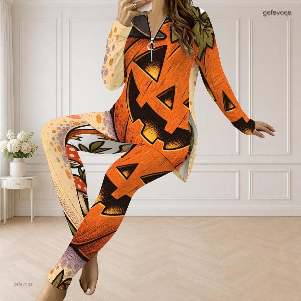 Women Plus Size Fall Pumpkin Printed Front Zip Long Sleeve Longline Top Fitted Pants Two Piece Set
