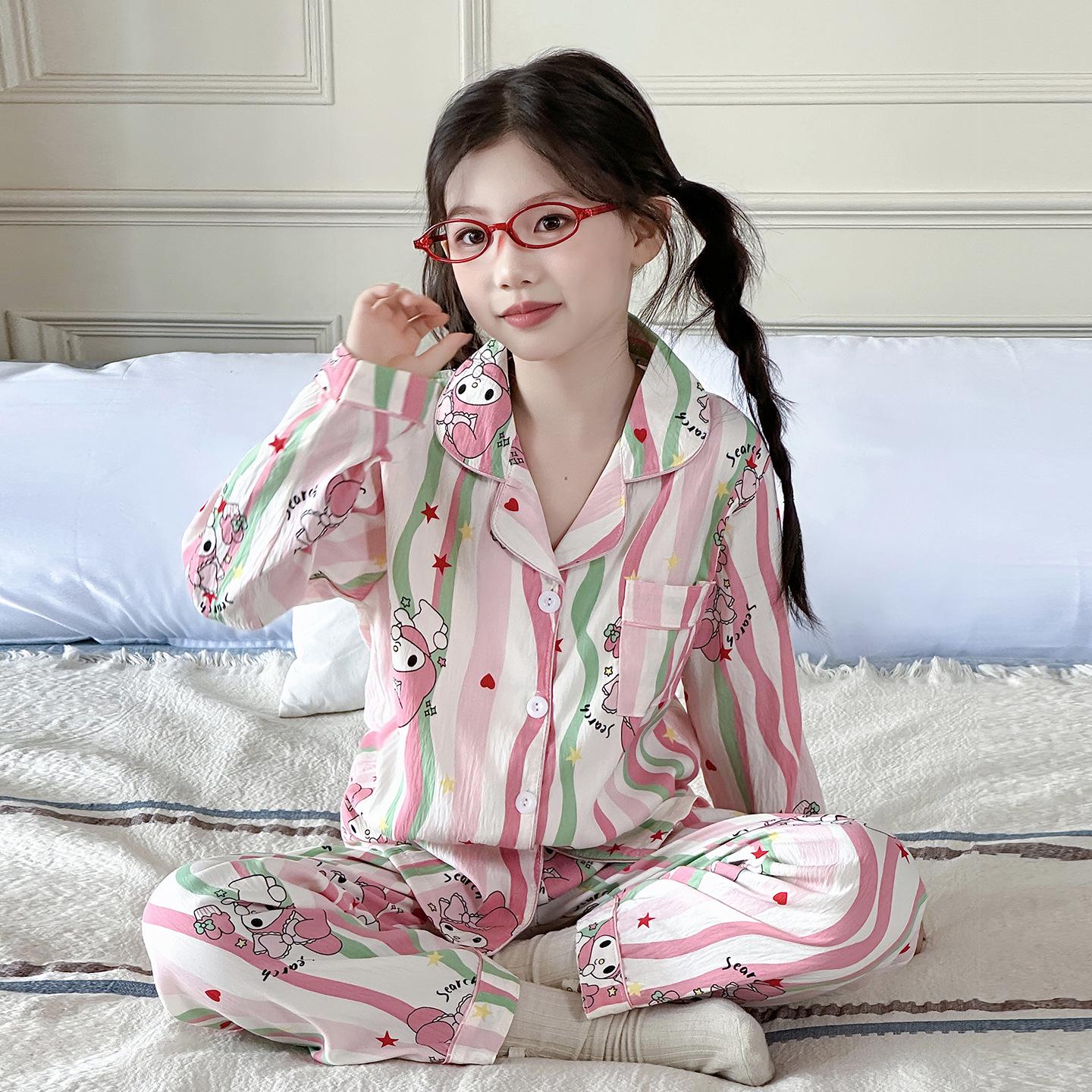 

Хлопковый полосатый кардиганный пижамный комплект для девочек 2025: Осенний костюм-двойка с длинным рукавом 130 cm