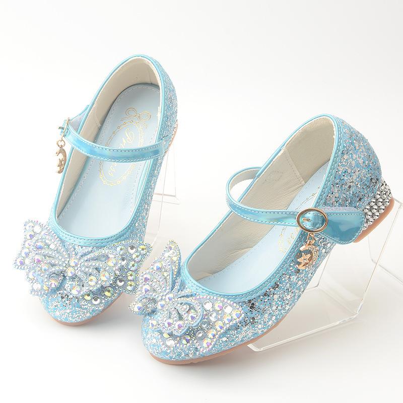 Spring and Autumn New Girls' High Heel Leather Shoes with Sequin Upper and Bowknot, Frozen-themed Shoes, Children's Princess Leather Shoes
