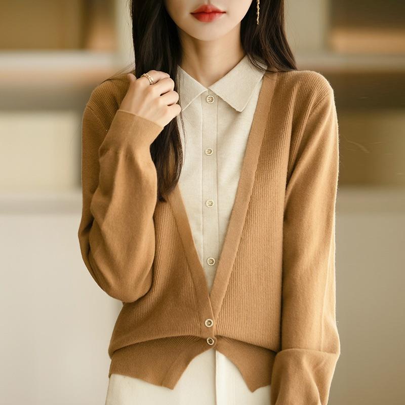Women S V Neck Long Sleeve Fake Two Piece Knit Cardigan Casual Outerwear