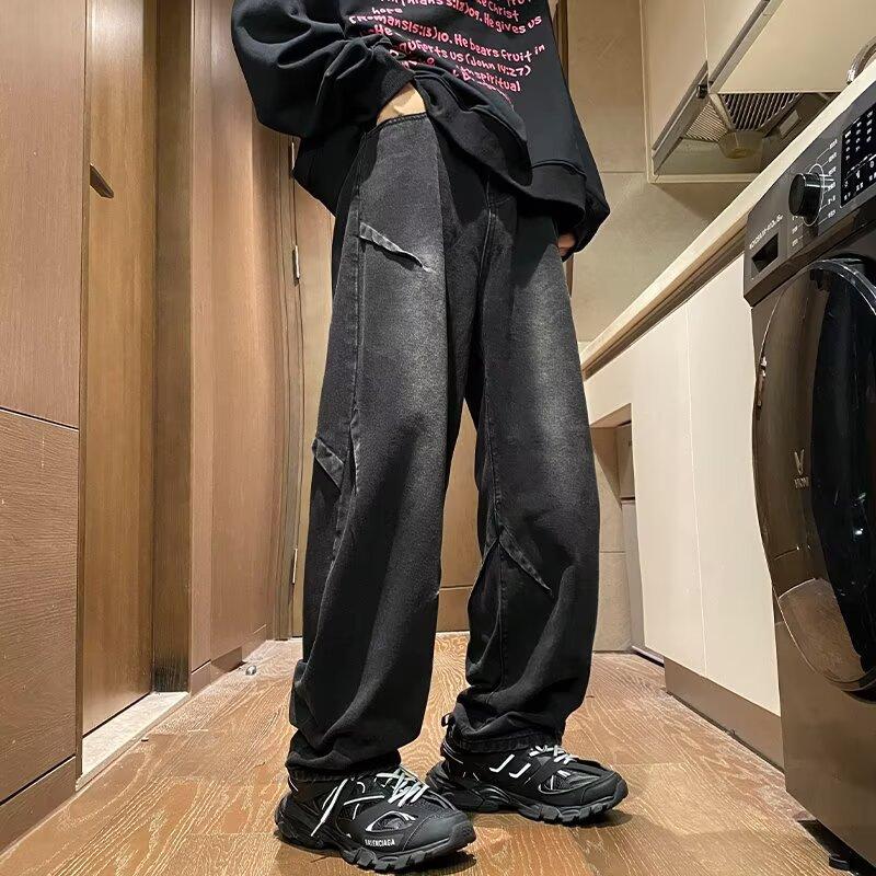 American high street ruffian handsome retro jeans men's spring and autumn trendy brand design sense loose straight wide leg trousers boys