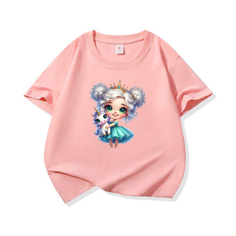 Kids Cotton T Shirt Crowned Princess Girl With Pastel Unicorn Print Crew Neck Short Sleeve Tee Casual Boys Girls Summer Tops