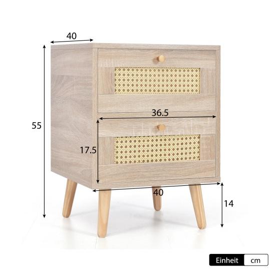 Modern Nightstand Side Table with 2 Drawers Rattan Front Oak Grain Solid Wood Legs Bedroom Small Spaces Bedside Table Natural Square Accent Table
