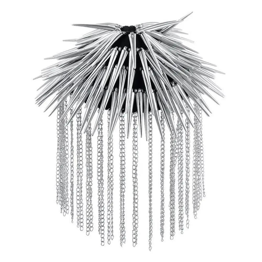 Tassel Chain Shoulder Board Badges Beads Punk Goth Rivet Spike Stud Epaulet Shoulder Metal Brooch for Man Suit