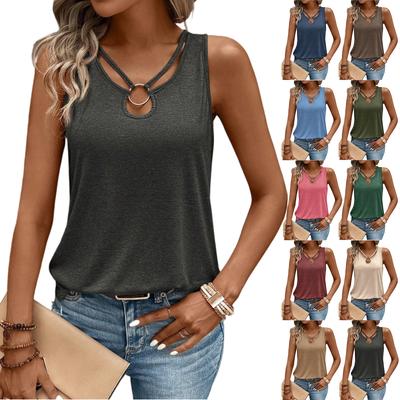 Women's Fashion Casual Solid Colour V-Neck Hollow Ring Vest Sleeveless T-Shirt Top