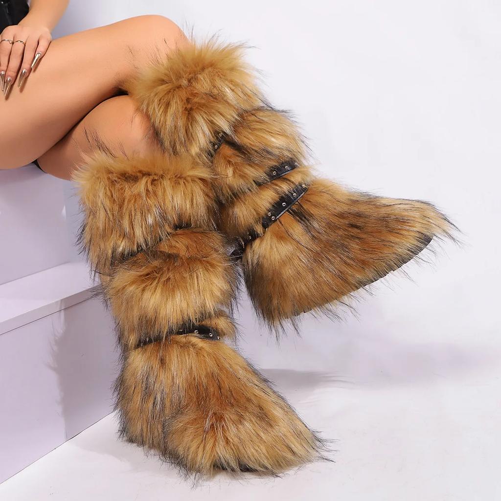 Fashion New Winter Furry Shoes Women Fur Snow Fluffy Warm Fur Wool Boots Plush Fashion Boots Ladies Casual Fur Boot